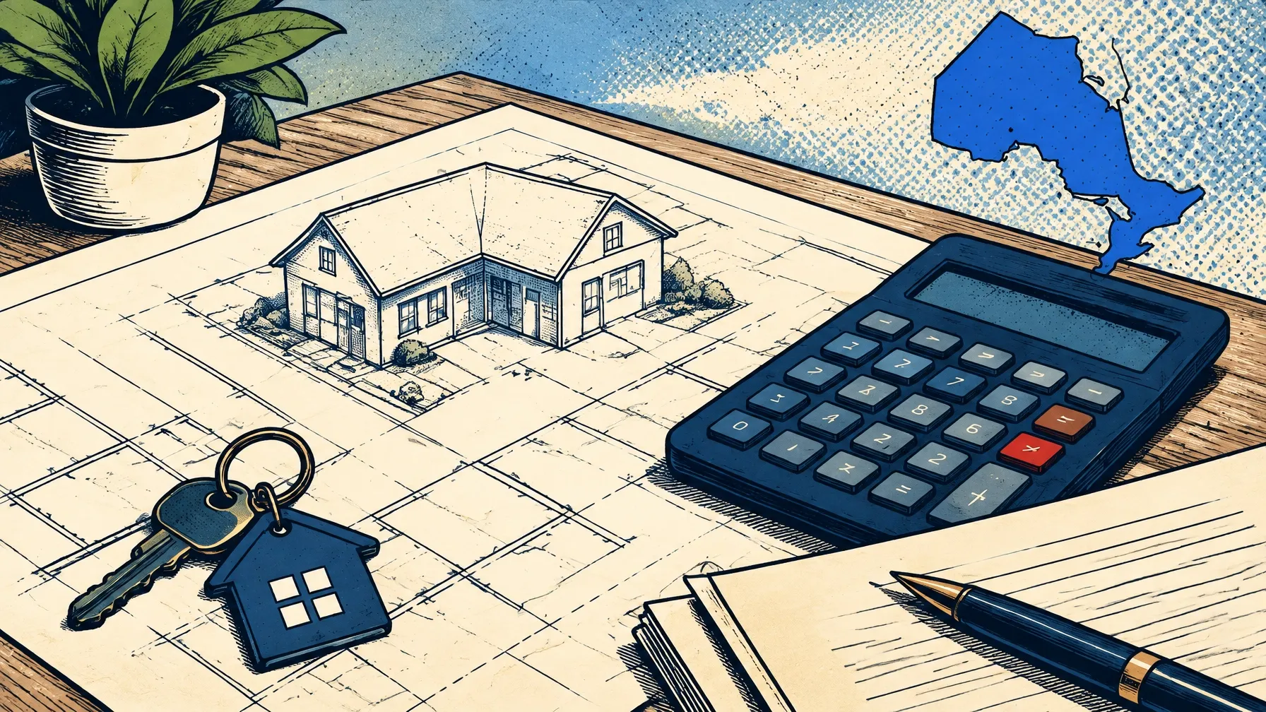 Original comic-style illustration of an Ontario home plan, keys, mortgage paperwork, and calculator