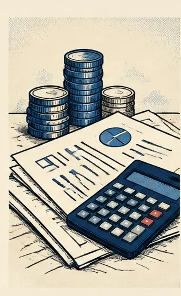 Blue Noir illustration of mortgage documents and a calculator