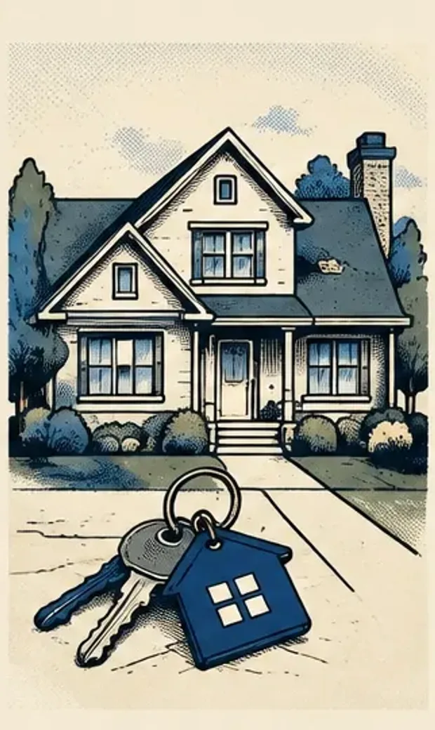 Blue Noir illustration of a home and keys