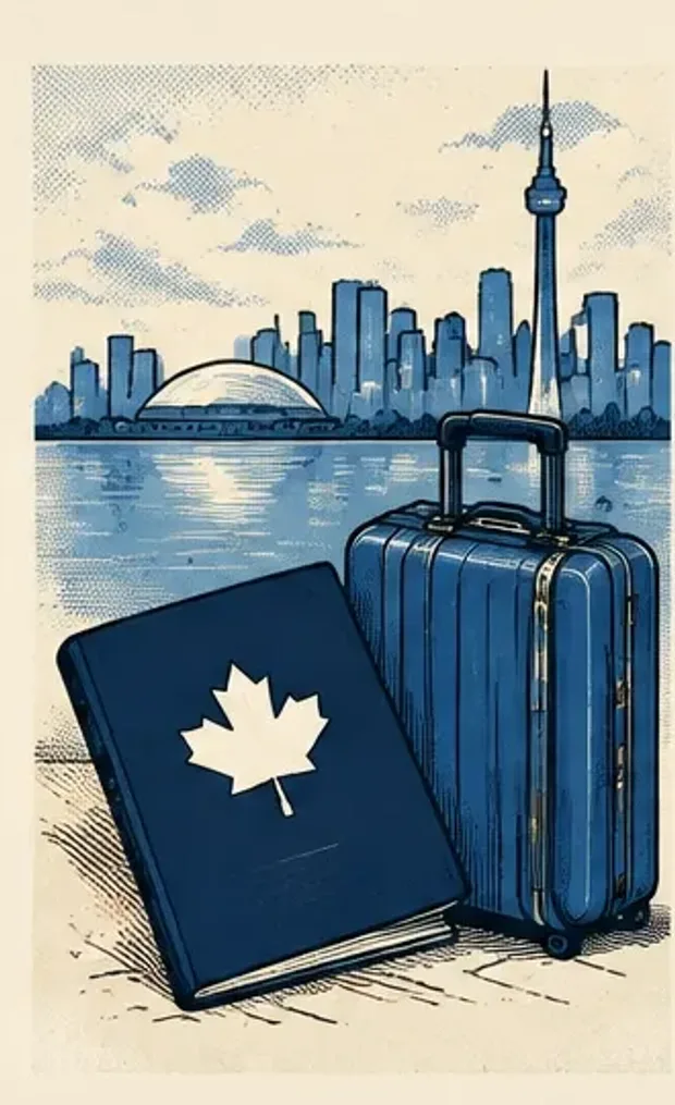 Blue Noir illustration of a suitcase and Toronto skyline