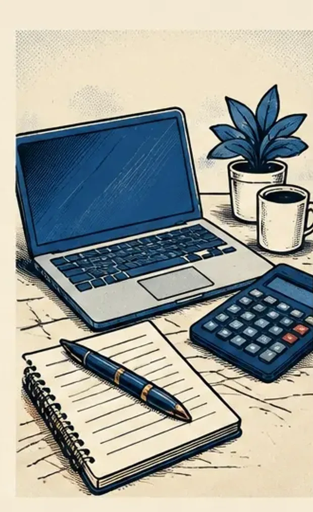 Blue Noir illustration of a laptop, notebook, and calculator